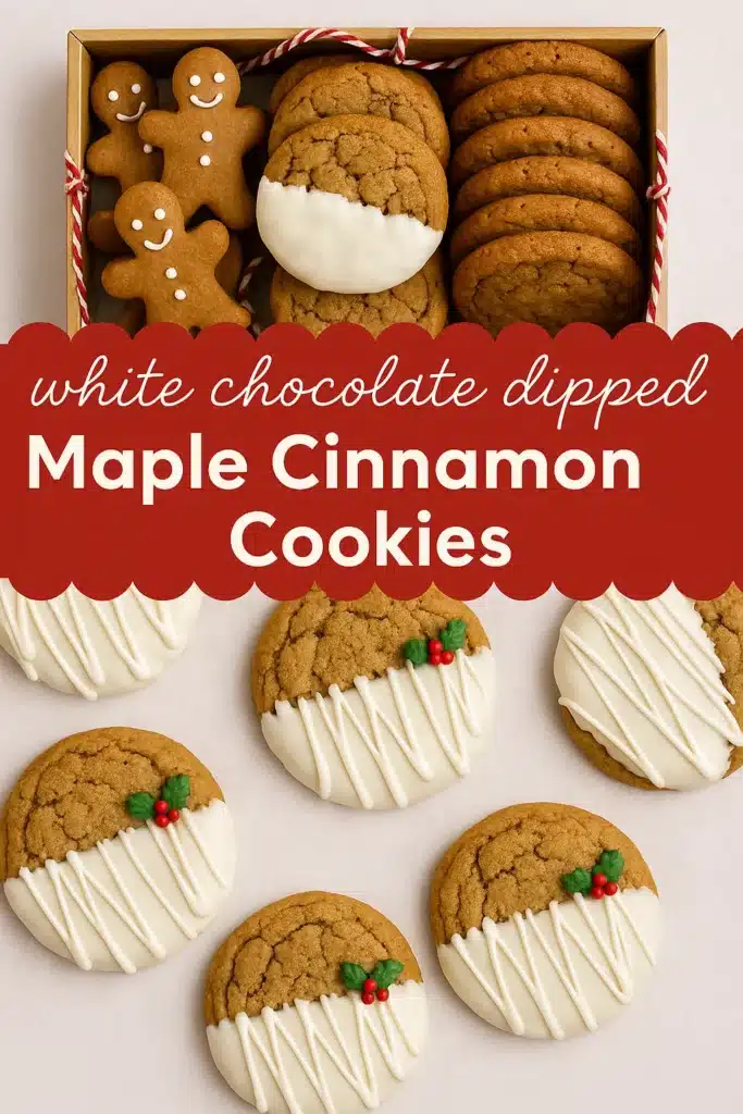 white chocolate dipped maple cinnamon cookies with drizzle and holly