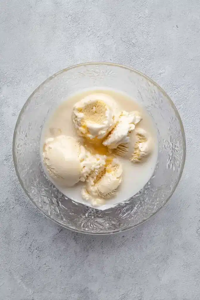 scoops of vanilla ice cream in punch bowl with soda and milk