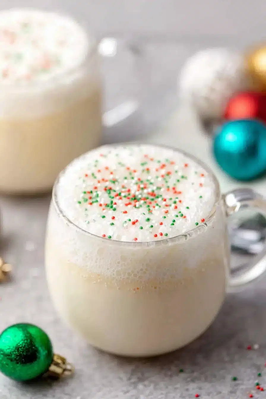 white christmas punch in glass mugs with red and green sprinkles