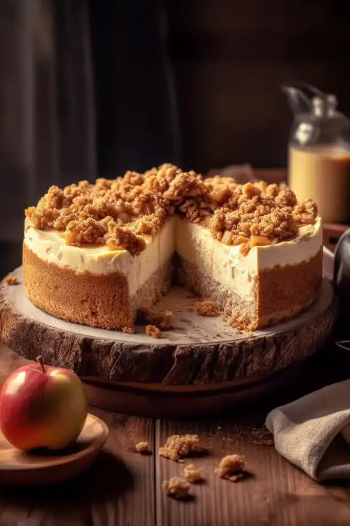 Whole apple crumble cheesecake with streusel topping and slice removed