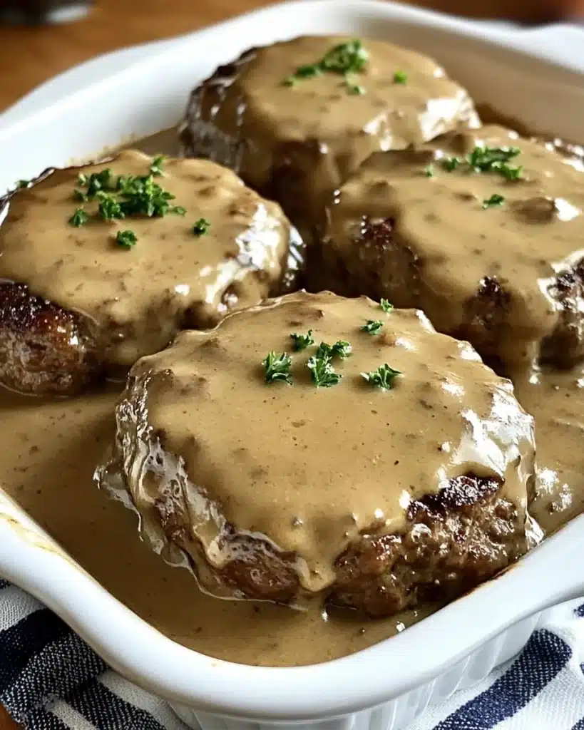 Amish Hamburger Steak Bake with creamy gravy and ground beef.