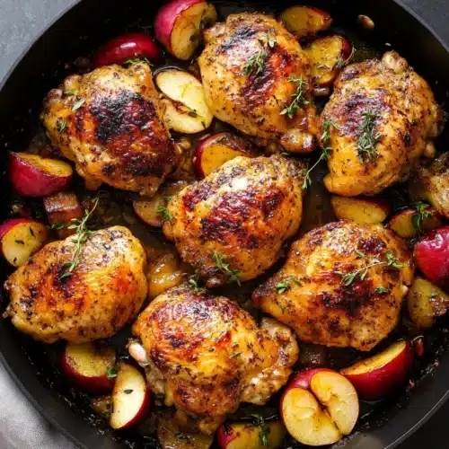 Apple Cider Chicken Recipe, savory chicken thighs roasted with apples.