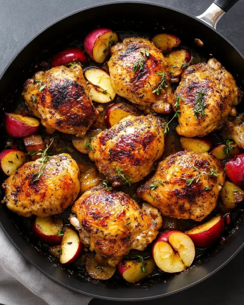 Apple Cider Chicken Recipe, savory chicken thighs roasted with apples.