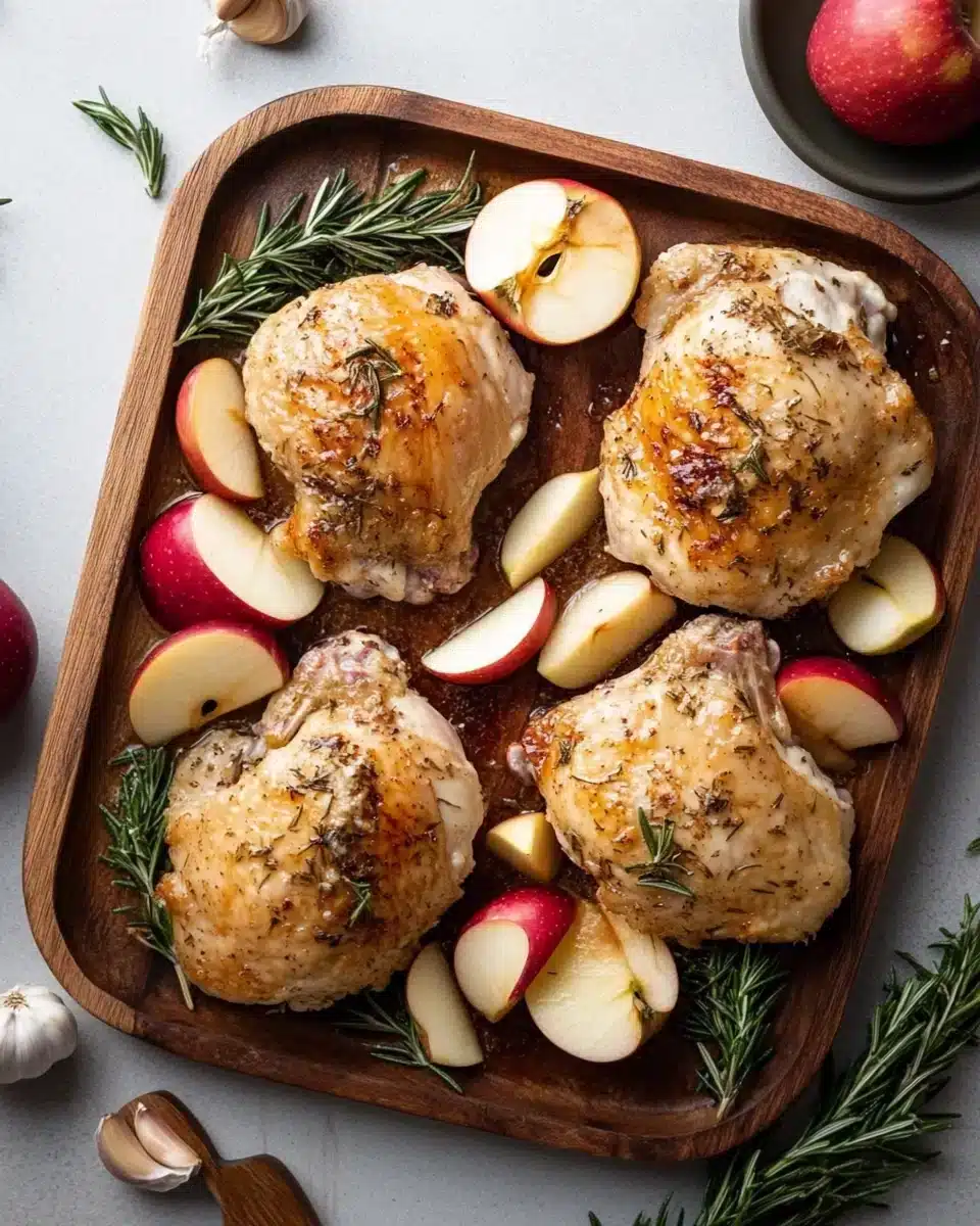 Delicious Apple Cider Chicken Recipe with savory herbs and apples.