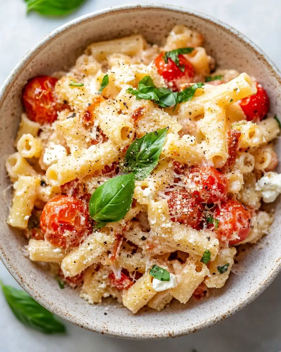 Baked Feta Pasta with Cherry Tomatoes Delicious baked feta pasta with cherry tomatoes and basil.