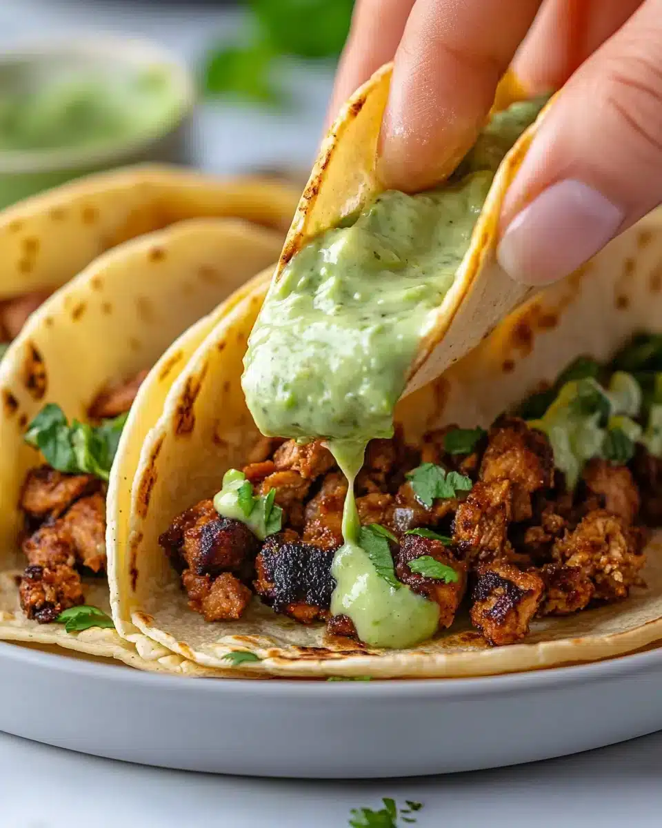 Baked Ground Turkey Tacos with Avocado Sauce Baked Ground Turkey Tacos with Avocado Sauce served with creamy sauce.