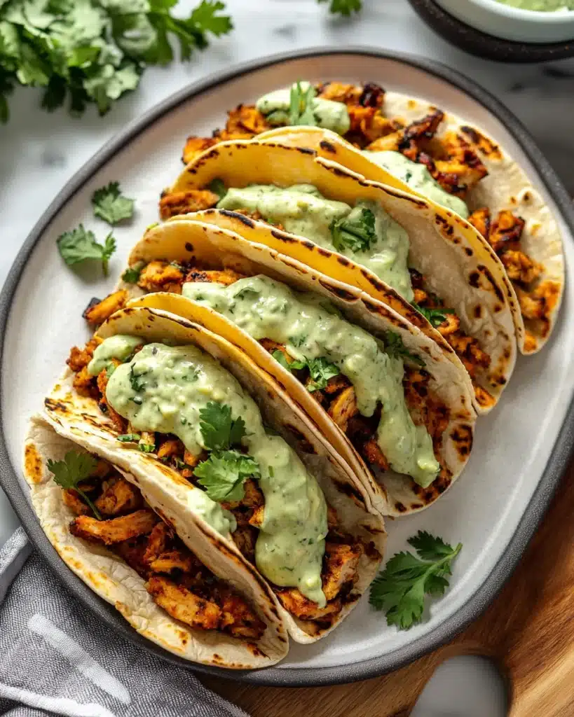 Baked Ground Turkey Tacos with Avocado Sauce drizzled with creamy sauce.