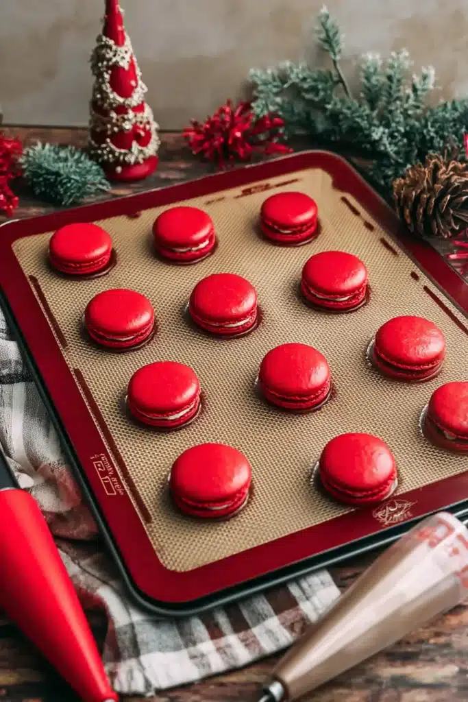 red santa macaron shells piped on tray with holiday decor