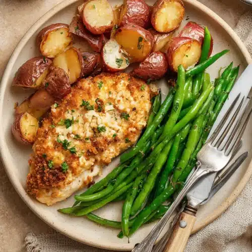 plate with parmesan crusted chicken roasted potatoes and green beans