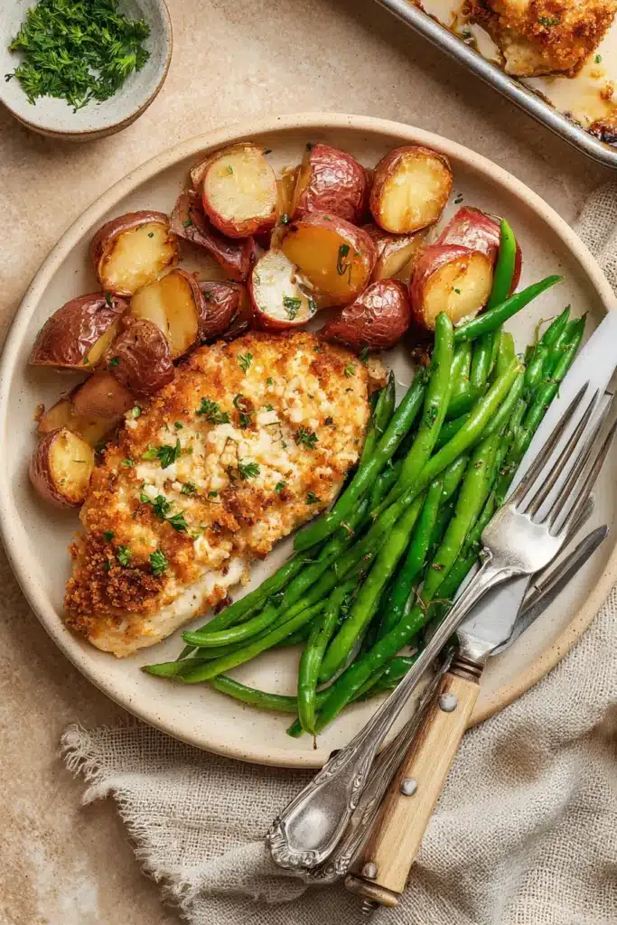 plate with parmesan crusted chicken roasted potatoes and green beans