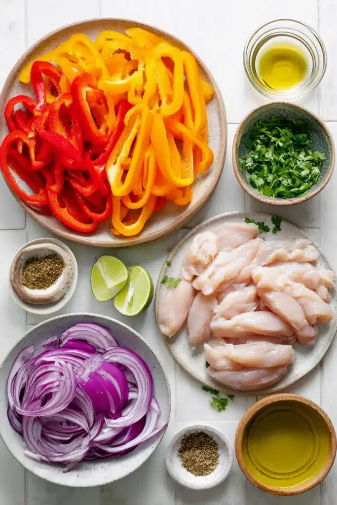 sheet pan chicken fajitas ingredients with sliced peppers onions and raw chicken