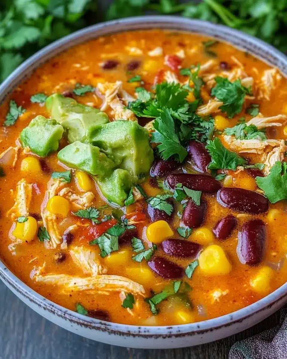 Creamy Chicken Enchilada Soup Ready to Serve Delicious creamy chicken enchilada soup with beans and corn.