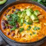 Delicious creamy chicken enchilada soup with vibrant toppings.