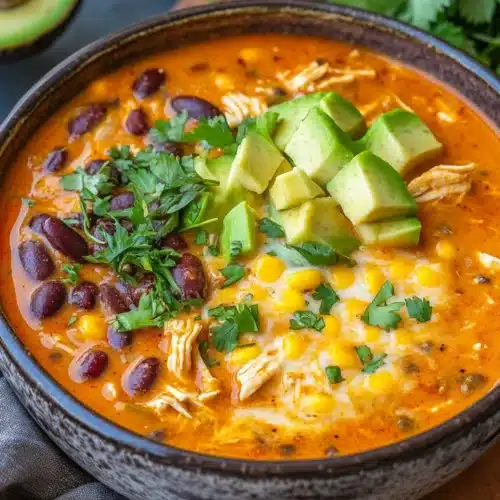 Delicious creamy chicken enchilada soup with vibrant toppings.