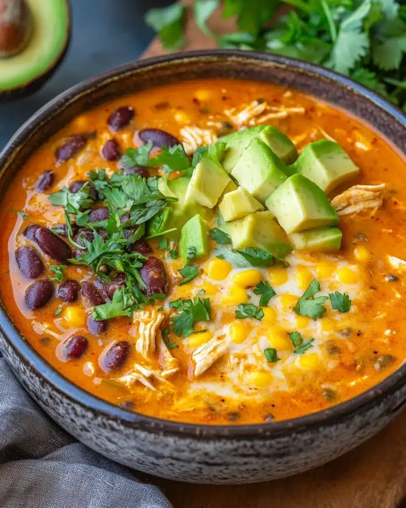 Delicious creamy chicken enchilada soup with vibrant toppings.