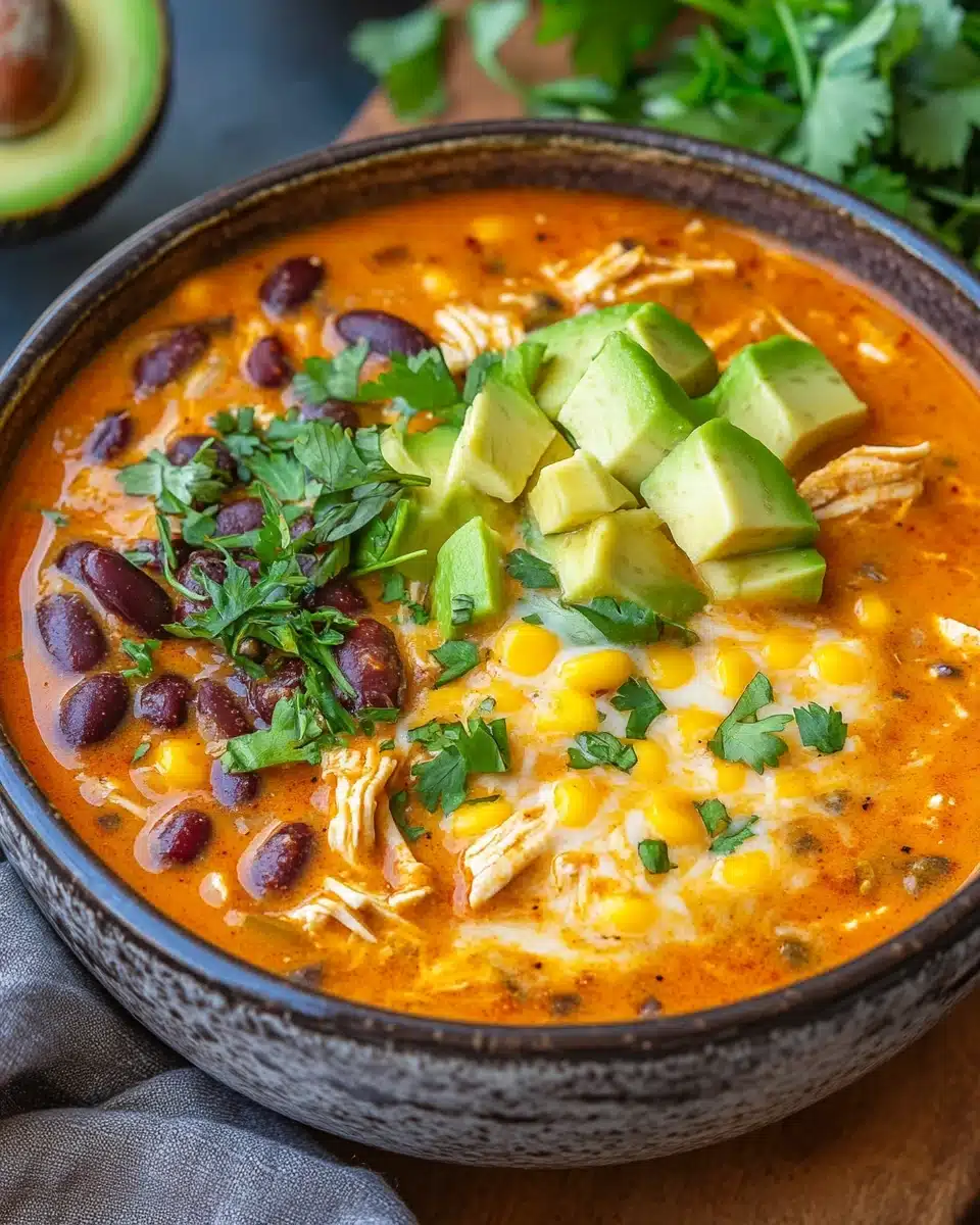 Delicious creamy chicken enchilada soup with vibrant toppings.