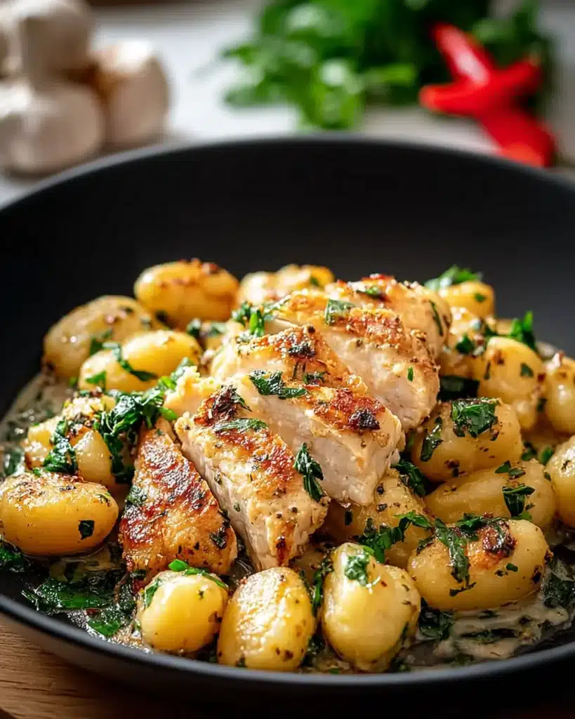 creamy garlic chicken gnocchi skillet