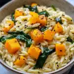 Creamy orzo with roasted butternut squash and spinach in a bowl.