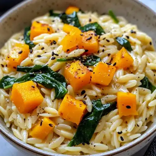 Creamy orzo with roasted butternut squash and spinach in a bowl.