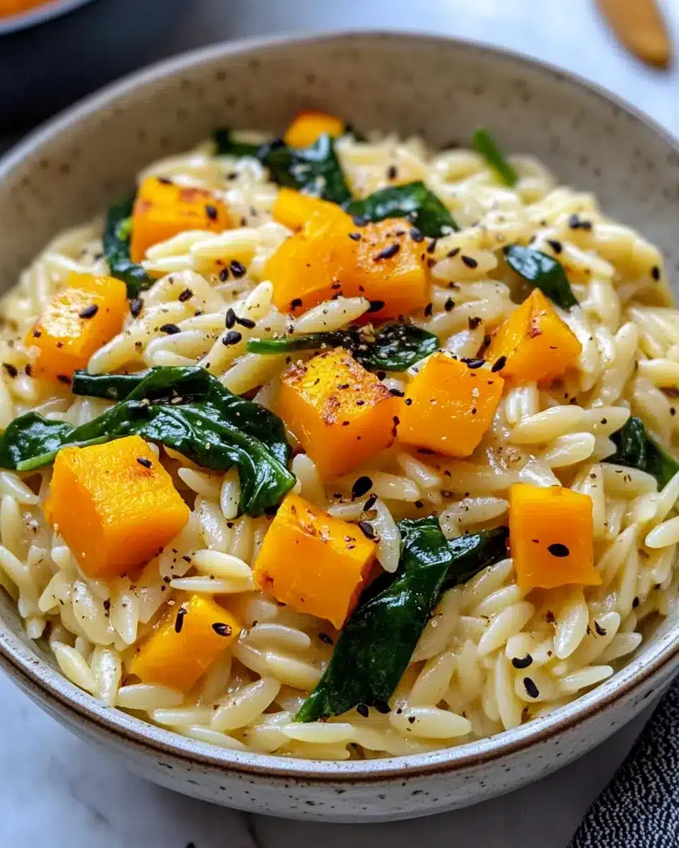 Creamy Orzo with Roasted Butternut Squash and Spinach Creamy orzo with roasted butternut squash and spinach dish.