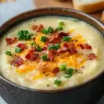 Delicious creamy potato soup with bacon and cheese, perfect for chilly nights.