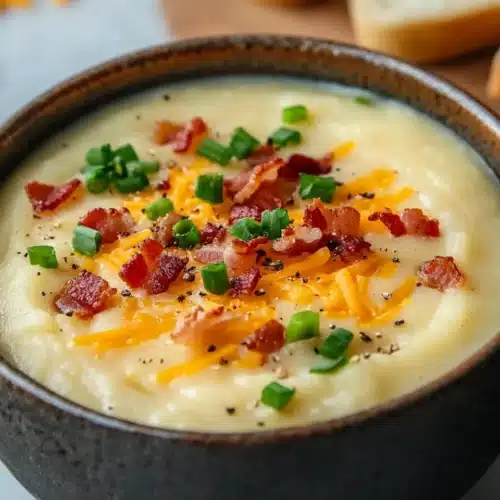 Delicious creamy potato soup with bacon and cheese, perfect for chilly nights.