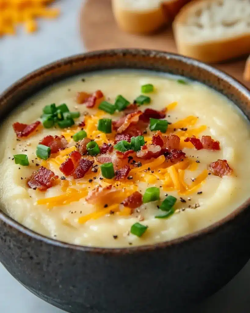 Delicious creamy potato soup with bacon and cheese, perfect for chilly nights.