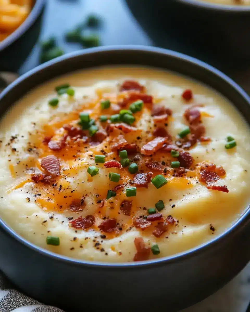 Hearty Creamy Potato Soup with Bacon Delicious creamy potato soup served with bacon bits and cheddar.