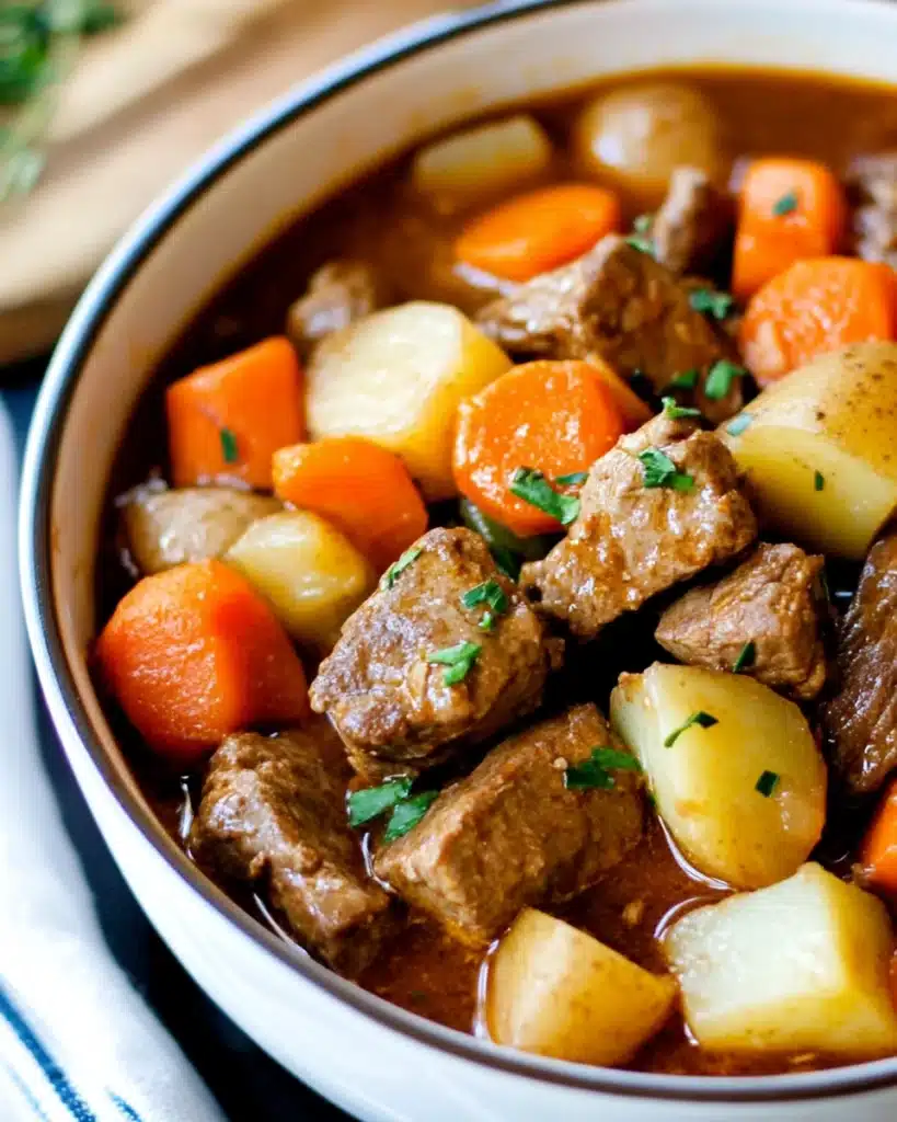 A delicious crock pot beef stew with vegetables and rich flavors.
