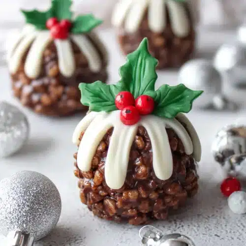 rice krispie christmas puddings with white drizzle and fondant holly