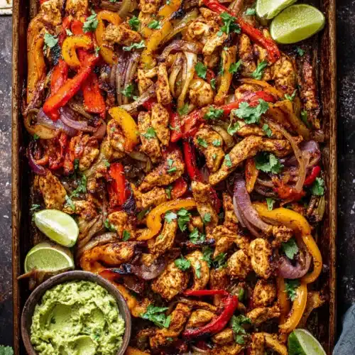 sheet pan chicken fajitas with bell peppers and cilantro on rustic tray