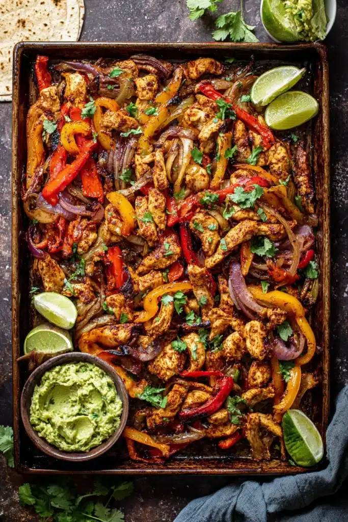 sheet pan chicken fajitas with bell peppers and cilantro on rustic tray