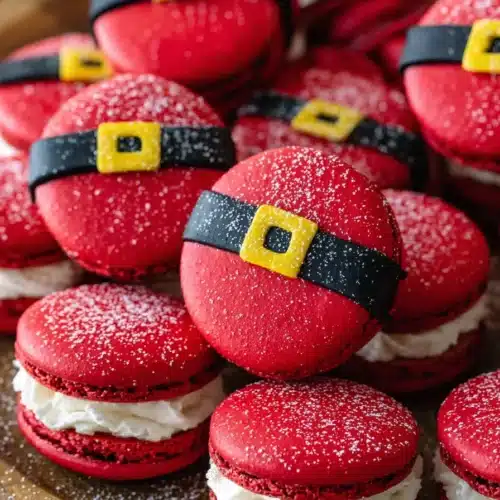 santa claus macarons with red shells black belts and yellow buckles