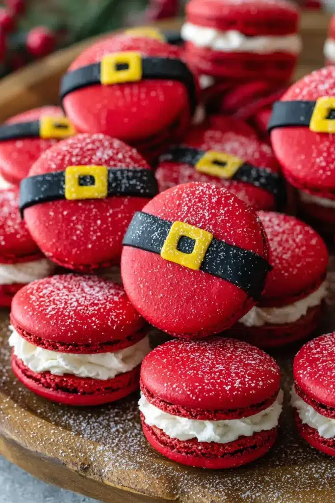 santa claus macarons with red shells black belts and yellow buckles