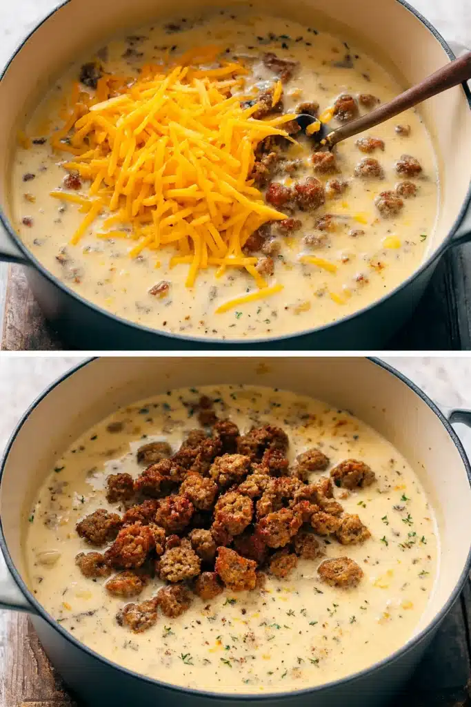 adding shredded cheddar and sausage to creamy sausage potato soup