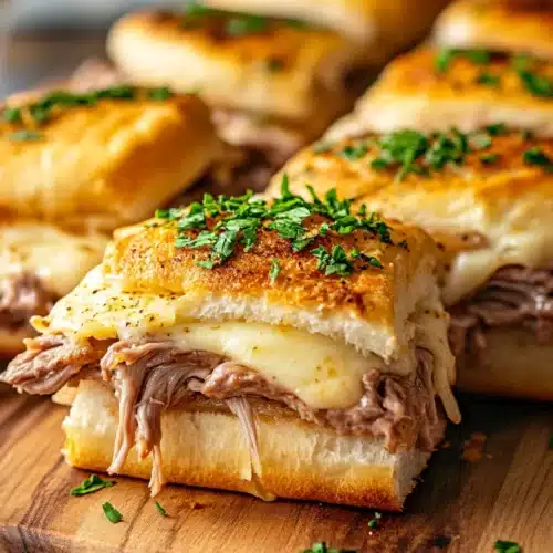 Delicious french dip sliders stacked, perfect for gatherings.