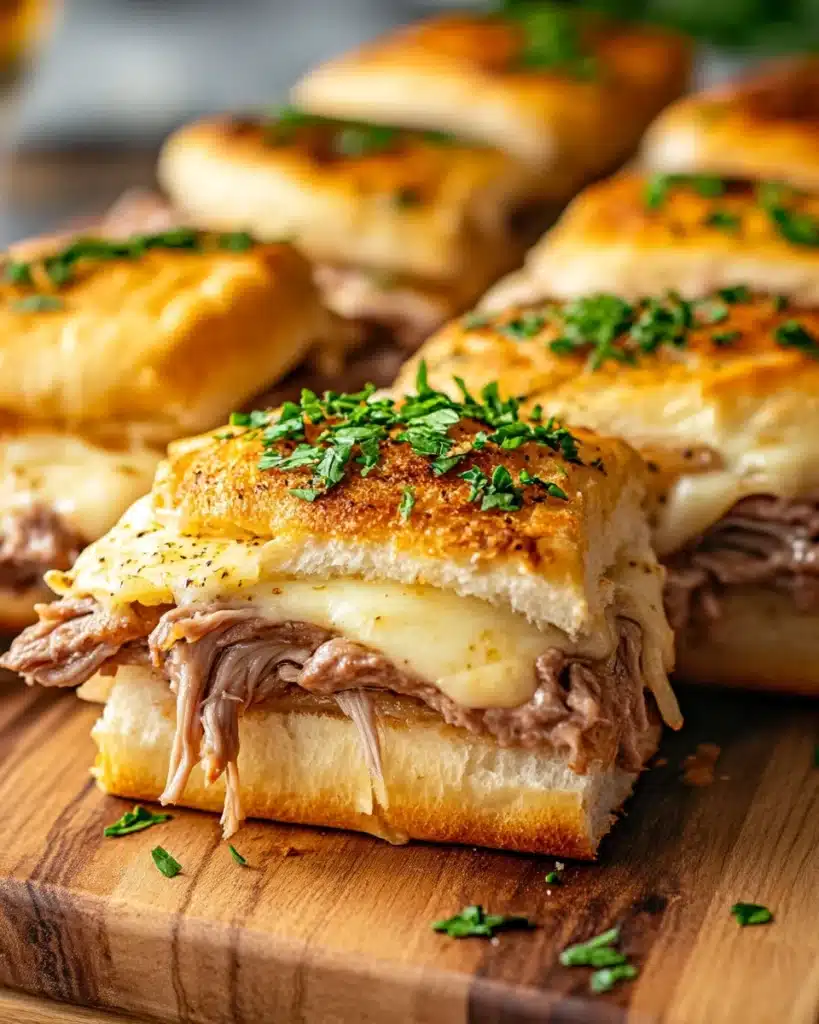 Delicious french dip sliders stacked, perfect for gatherings.