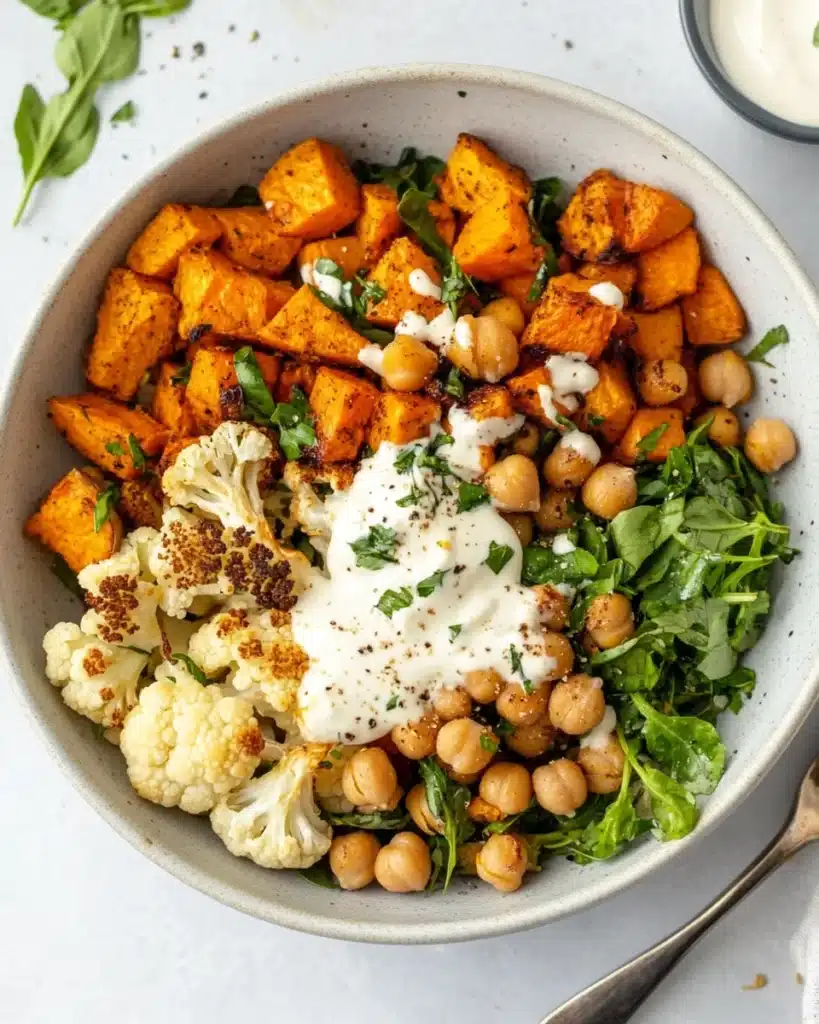Delicious Glow Bowl recipe with roasted veggies and tahini yogurt sauce.