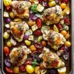 Delicious Greek Sheet Pan Chicken with fresh vegetables and olives.