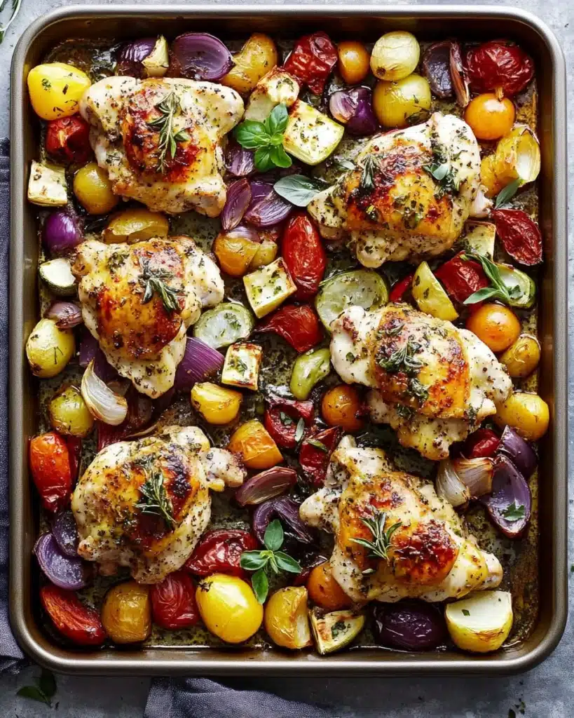Delicious Greek Sheet Pan Chicken with fresh vegetables and olives.