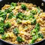 Delicious ground turkey orzo recipe featuring broccoli.