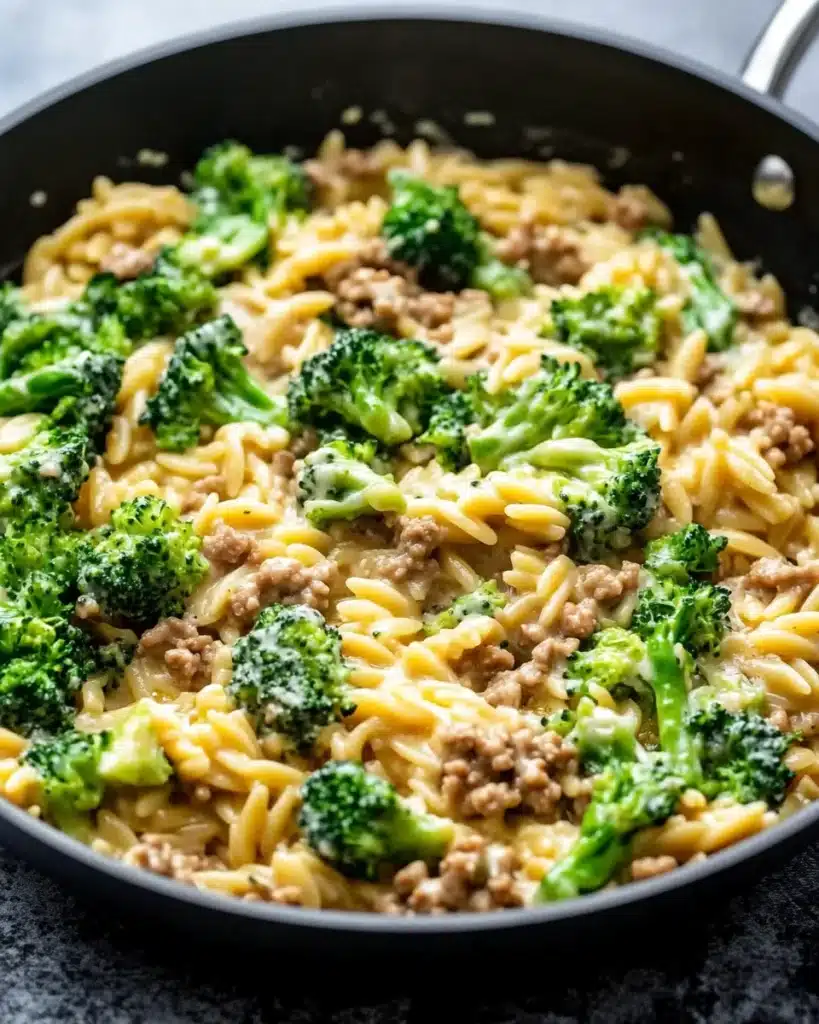 Delicious ground turkey orzo recipe featuring broccoli.