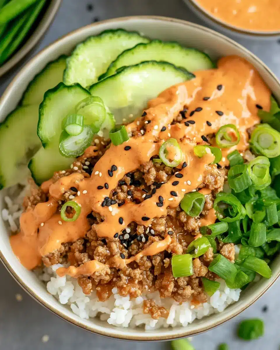 Ground Turkey Rice Bowls topped with veggies and sauce.