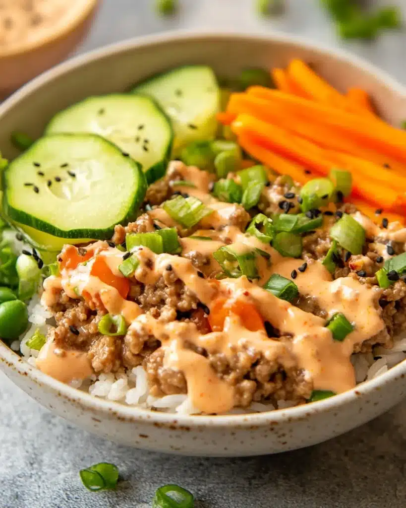 Ground Turkey Rice Bowls topped with veggies and sauce for a festive meal.