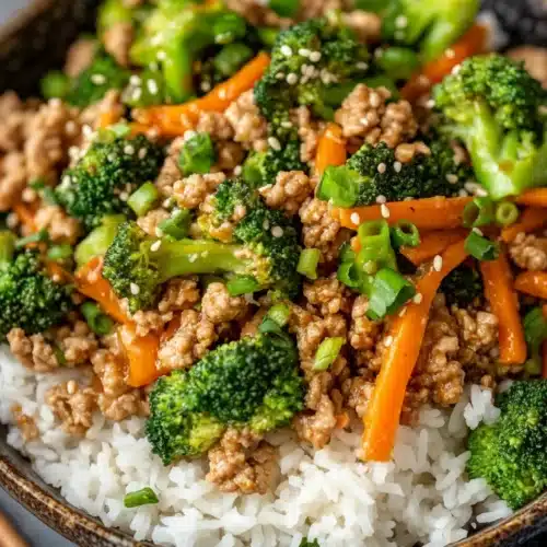 Delicious ground turkey teriyaki stir fry with colorful vegetables.