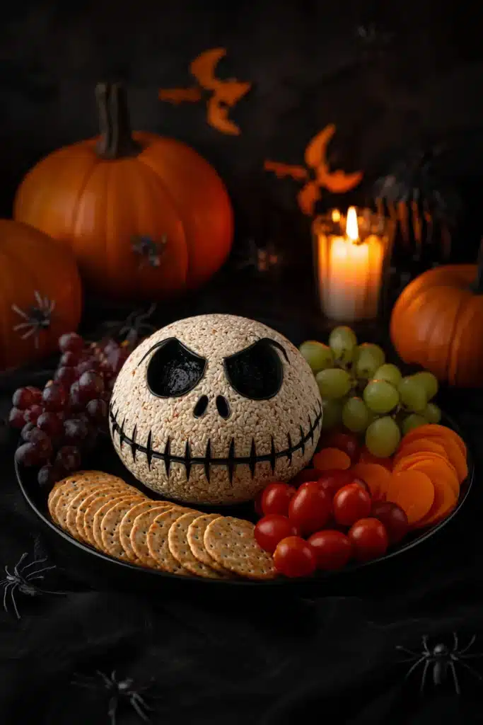 Halloween Skellington cheese ball appetizer recipe. Cheese ball with crackers, grapes, tomatoes, and pumpkins.