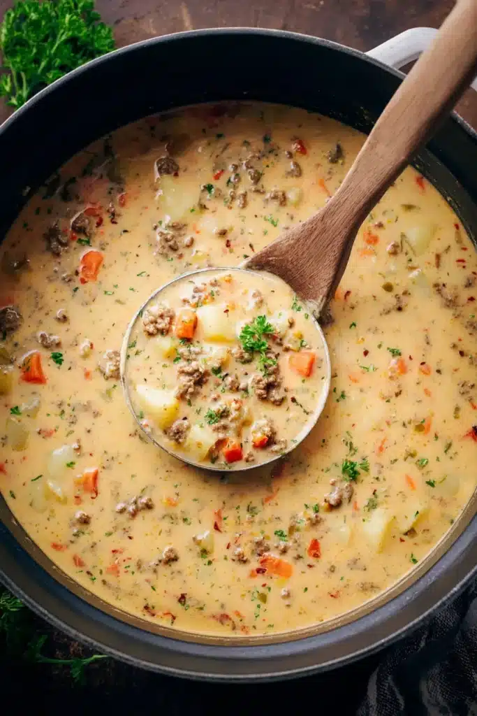 creamy sausage potato soup with carrots and herbs in a ladle