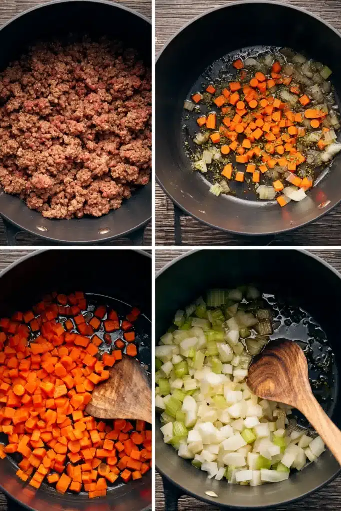 cooking sausage and vegetables for sausage potato soup in a black pot