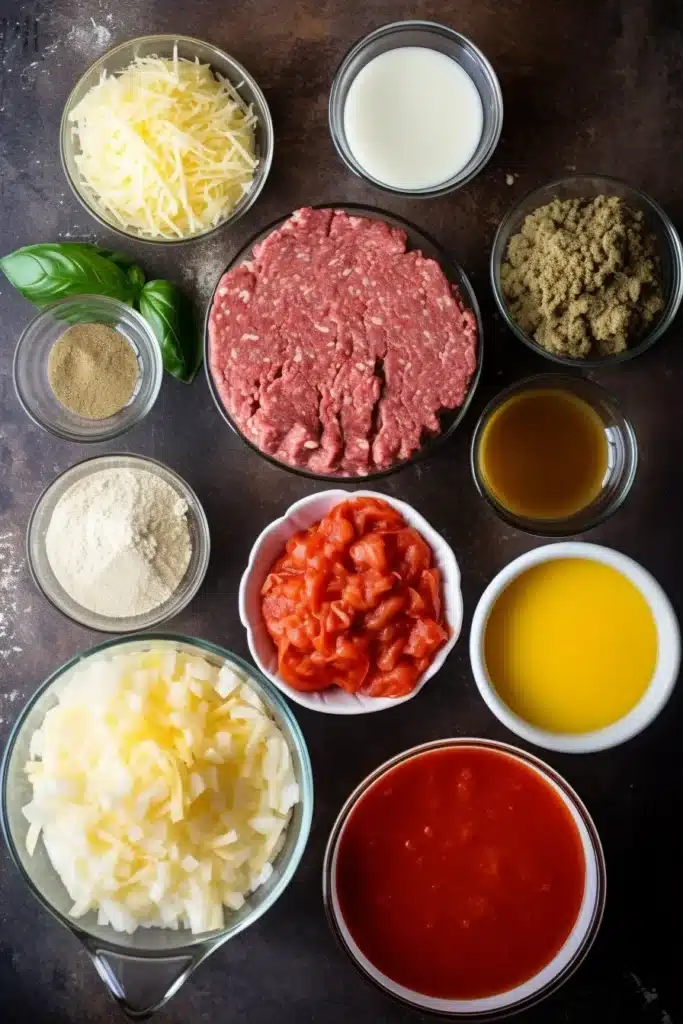 Top-down view of lasagna soup ingredients including bow tie pasta, ground beef, tomatoes, tomato paste, broth, garlic, onions, and spices arranged on a textured surface.