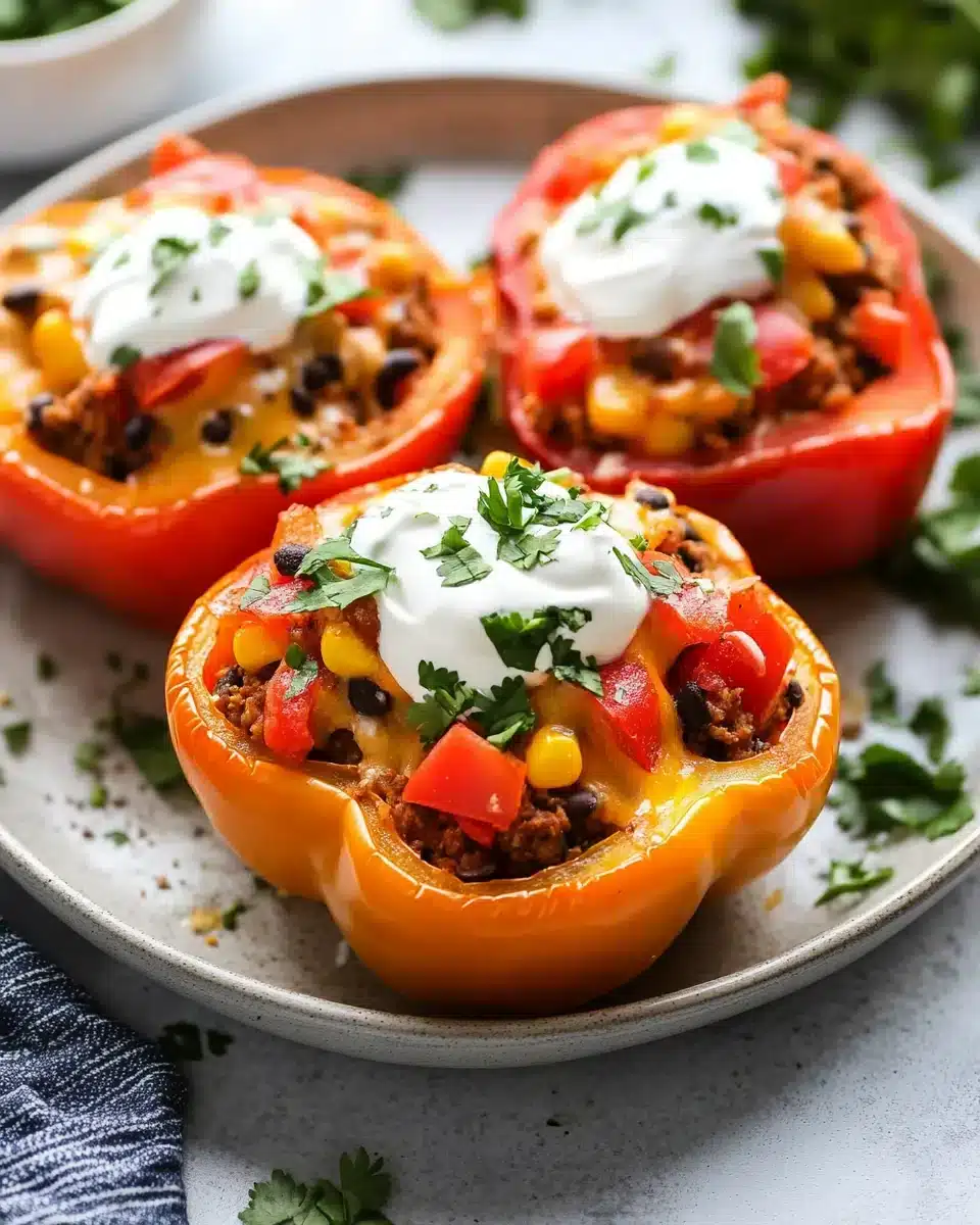 Quick and Easy Taco Stuffed Peppers topped with sour cream and cilantro